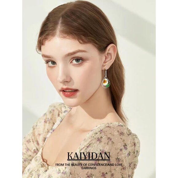 Preserved Mums Flower Teardrop Vintage Long Summer Earring for Women Jewelry - Picture 8 of 9